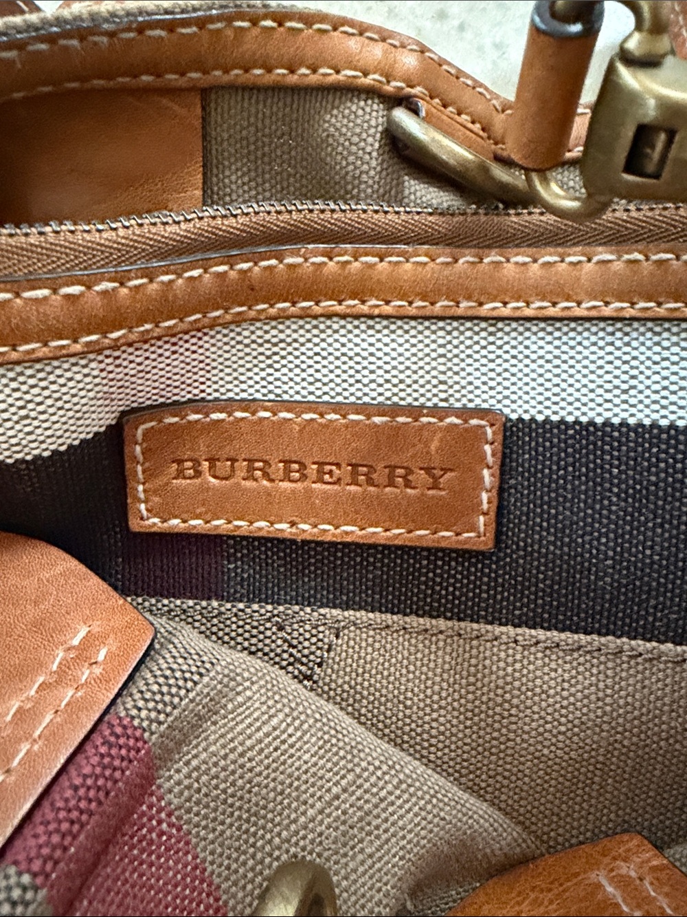 Burberry Beige Check Canvas Tote with Brown Leather Trim and Black/White Accents - Picture 5 of 12